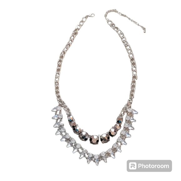 Double Strand Bib Necklace with Rhinestone Teardrops and Bronze Gem Stones - Picture 2 of 7